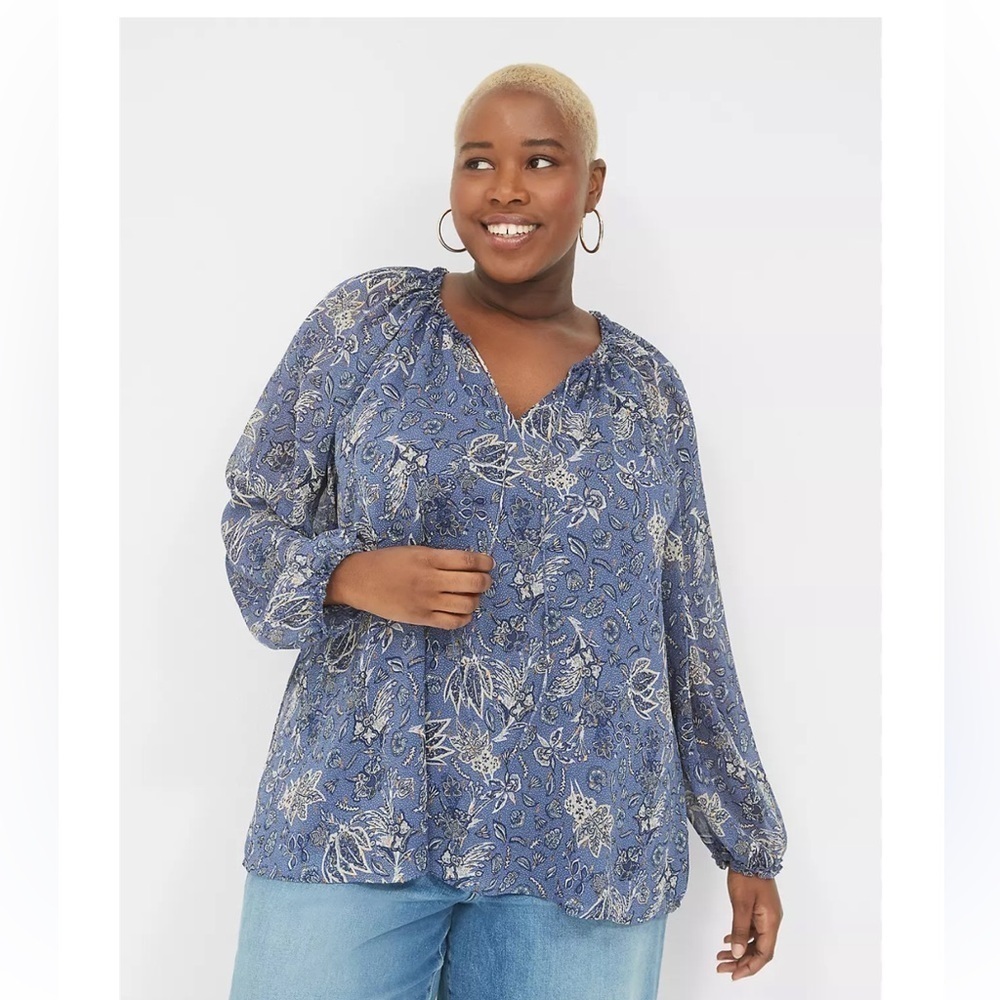 Lane Bryant Lurex Floral Blouse Blue Metallic V-Neck Ruffle Top Size 18/20